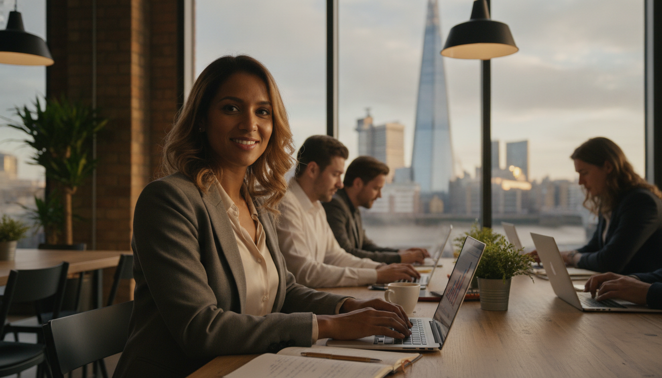 A professional expat entrepreneur smiling and working on a laptop in a modern co-working space in London with the Shard visible through the window, highly detailed, photorealistic, 4k resolution.