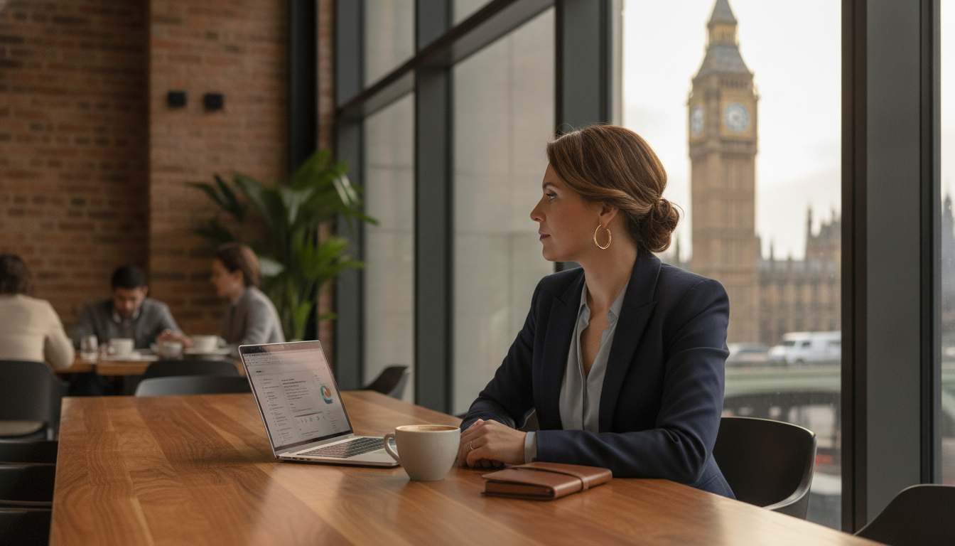 A professional expat entrepreneur sitting in a modern London cafe with a laptop, looking at the Big Ben through the window, photorealistic, high resolution, soft morning lighting.