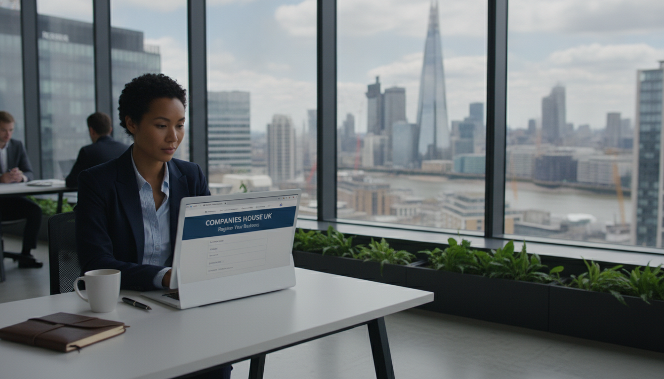 A professional person of diverse background sitting in a bright modern office in London, looking at a laptop screen showing a business registration website, with the Shard skyscraper visible through the glass window in a realistic photographic style.