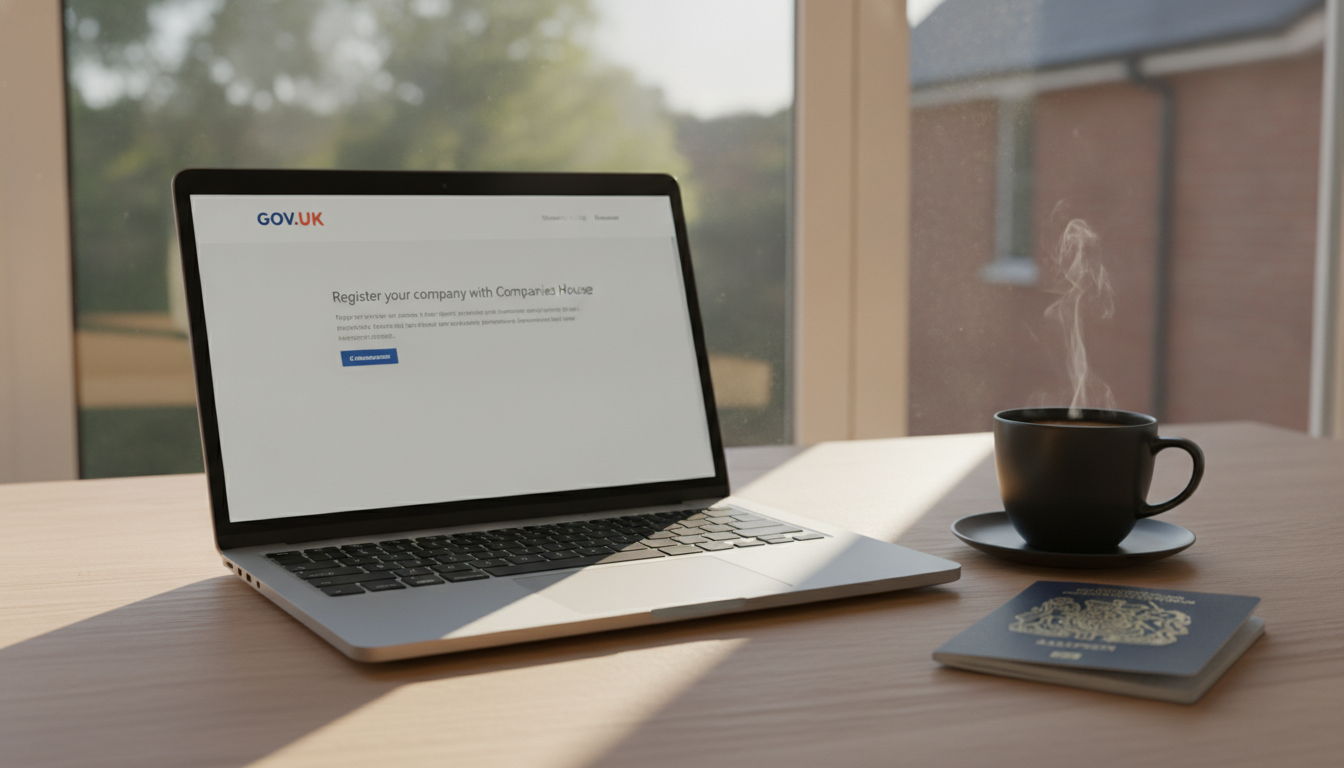 A high-quality photorealistic image of a sleek modern laptop on a wooden desk showing the official UK government website for company registration, next to a passport and a stylish cup of steaming coffee, bright morning light coming through a window.